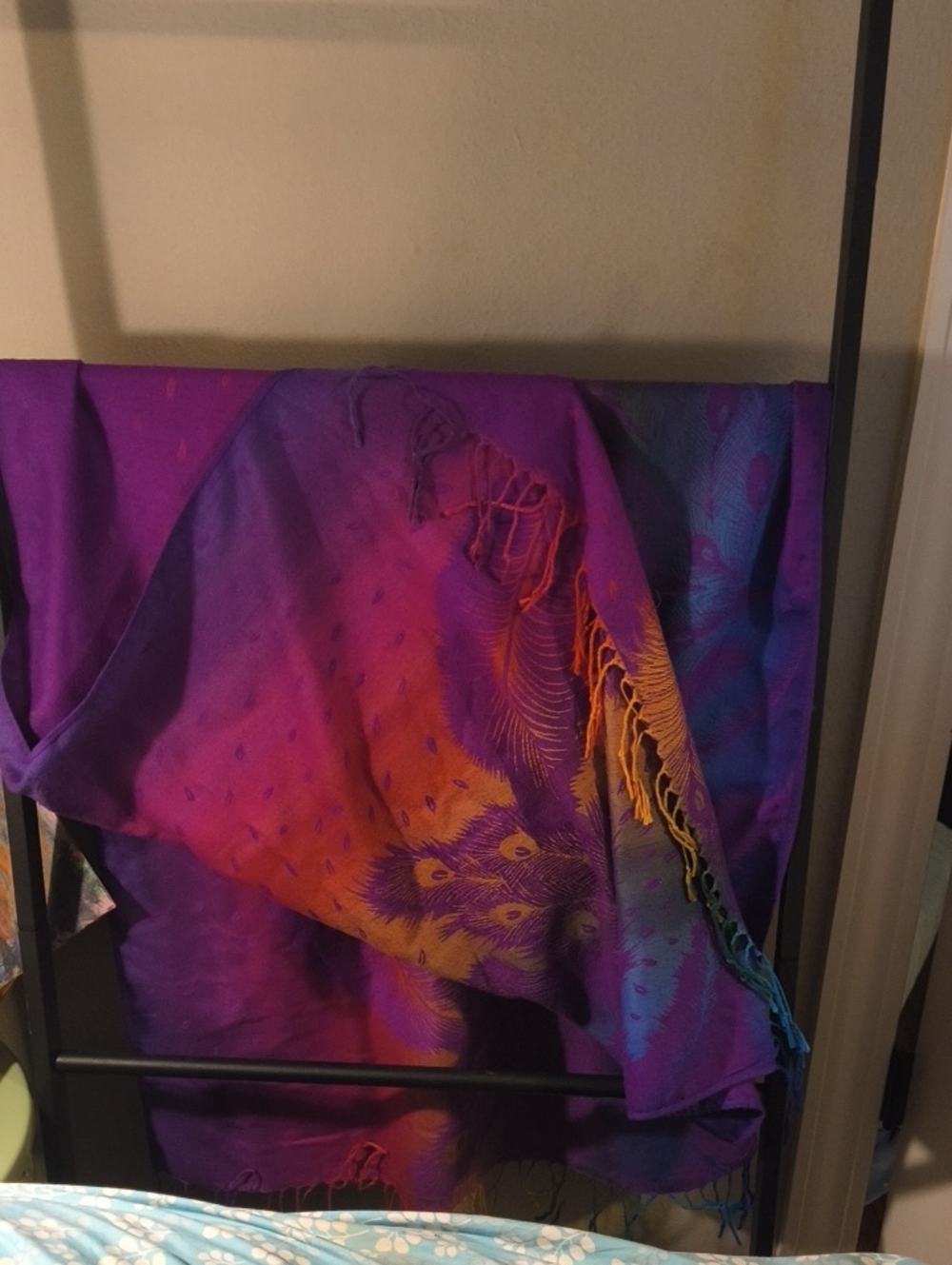Vibrant Peacock Feather Shawl - Purple & Orange Gradient